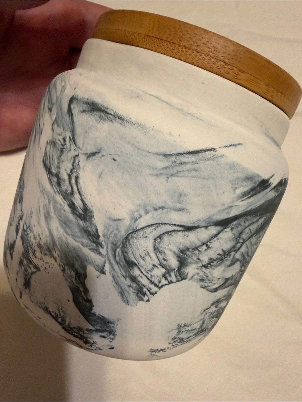 Cost Plus World Market Marble Ceramic Canister with Bamboo Lid - White & Gray